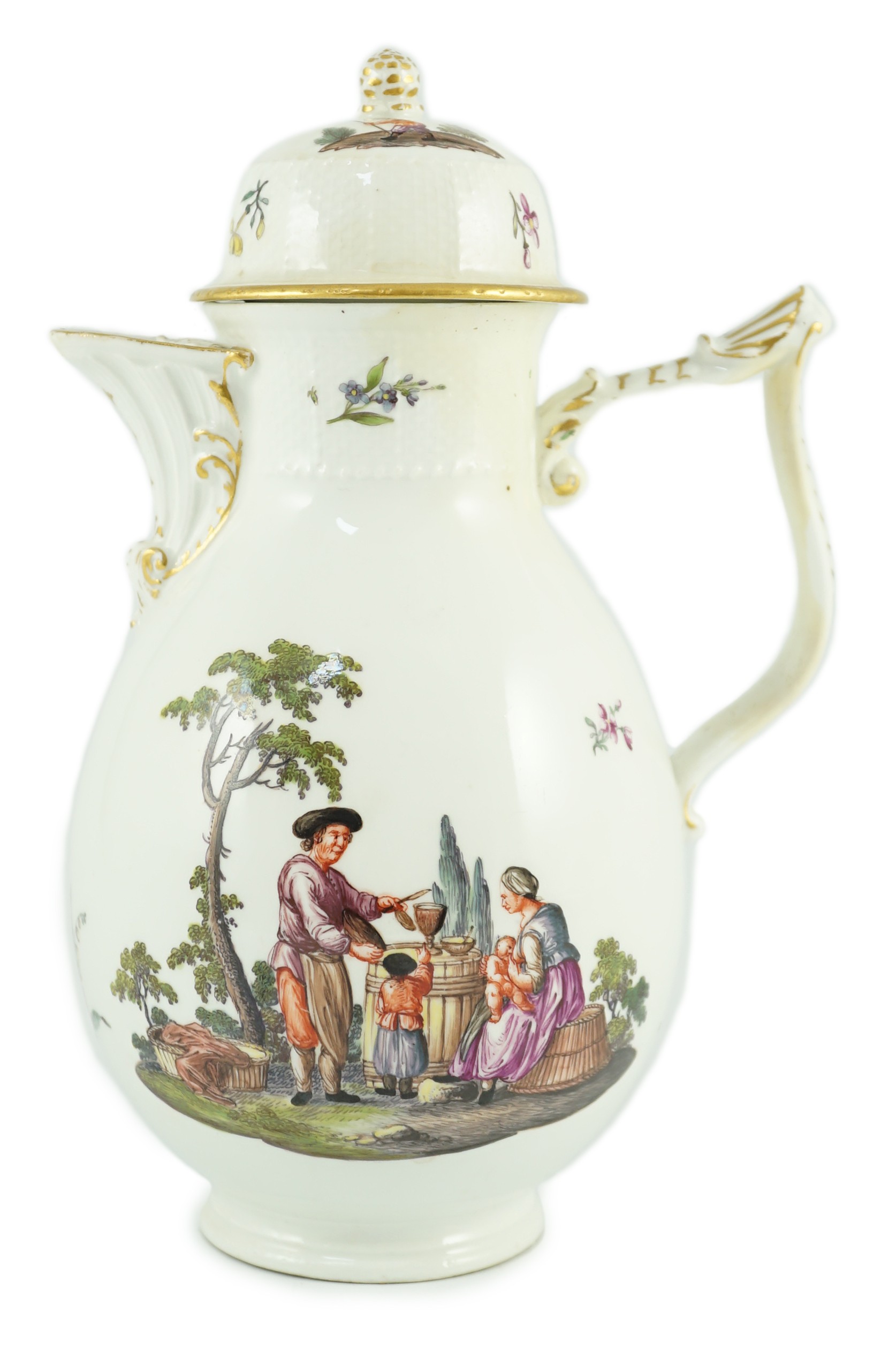A Meissen coffee pot and cover, c.1760, 23cm high, discoloured restoration